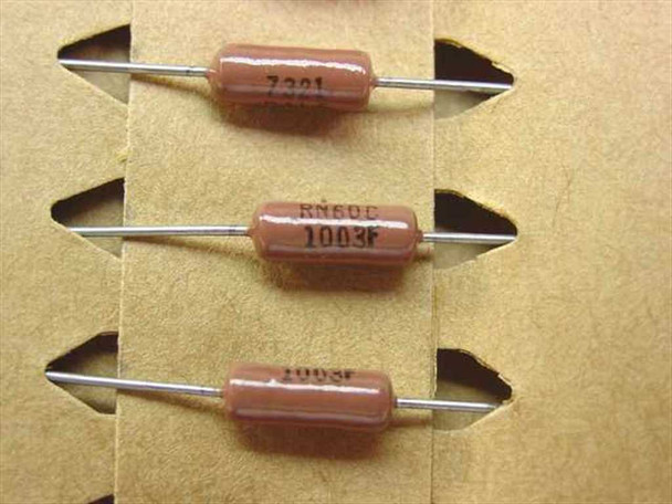 Dale RN60C 1003F 100k Ohm resistor close-up — markings RN60C and 1003F clearly visible on brown body
