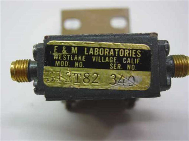 E&M Laboratories S12T82 label alternate angle — model S12T82, serial 340, SMA-F connectors visible on both ends