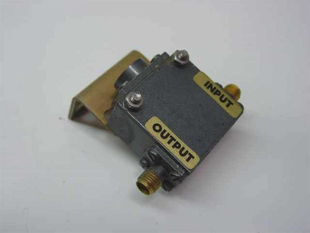 E&M Laboratories S12T82 RF microwave isolator — angled front view showing INPUT and OUTPUT SMA-F port labels and mounting bracket