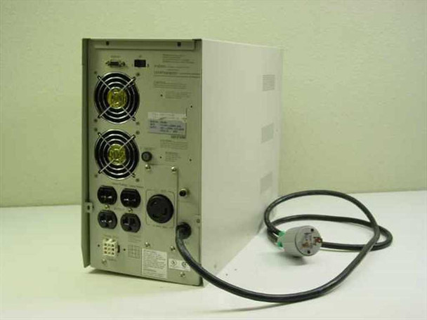 Minuteman PML2000 UPS rear panel showing dual cooling fans, NEMA outlets, twist-lock output connector, and power input cable