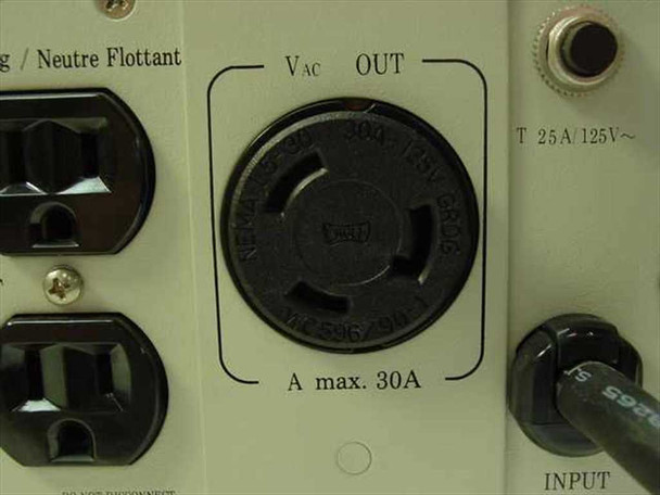 Minuteman PML2000 rear panel close-up showing NEMA 5-30R twist-lock output rated 30A max and T 25A/125V fuse holder detail