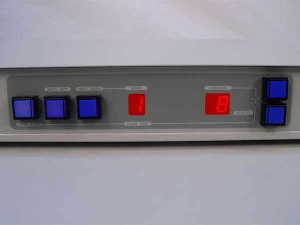 Raritan MCPS16 front panel close-up showing Auto-Scan, Auto-Skip, Bank, and Channel buttons with dual red LED numeric displays