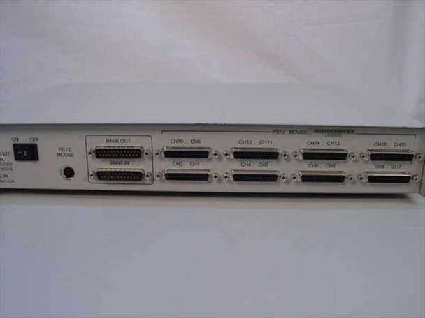 Raritan MCPS16 rear panel showing Bank OUT, Bank IN DB25 ports and paired DB25 channel connectors CH1 through CH10 with PS/2 mouse port