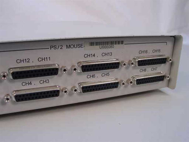 Raritan MCPS16 rear panel full view showing all 16 channel DB25 connector pairs CH1–CH16 and PS/2 mouse port with barcode label