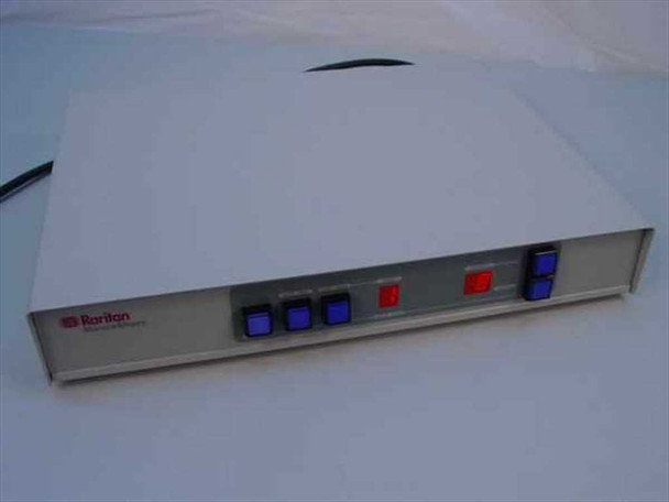Raritan MCPS16 16-Channel KVM Master Console – front panel angled view showing blue and red illuminated push buttons