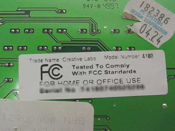 Creative Labs CT4180 FCC compliance label showing Trade Name Creative Labs, Model Number 4180, FCC tested for home or office use