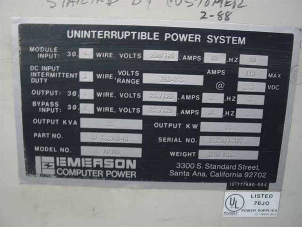 Emerson Computer Power AP340 UPS – rear rating plate showing 30kVA, 208/120V, 3-phase, 88A, 24kW, Part No. 07-733340-01, Model AP340, UL Listed 76J0