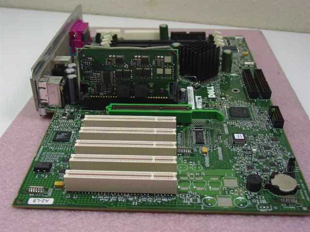 Dell OptiPlex GX400 motherboard — angled view showing PCI slots, RIMM memory slots, and Socket 423 CPU socket area