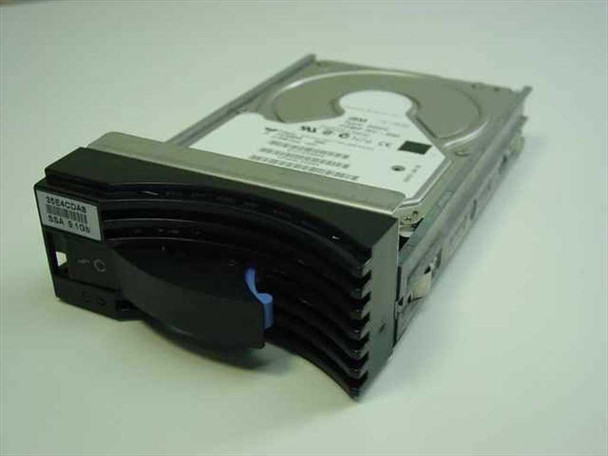 IBM 09L2209 DGHC 9.1GB SCSI hot-swap hard drive in IBM 05J8049 caddy — front and top view with blue release lever