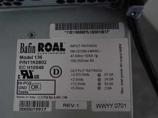Bafin ROAL Model 136 power supply rating label – P/N 11K0802, 645W, 100-240V AC input, output ratings