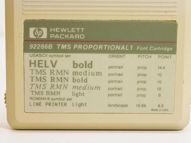 HP 92286B TMS Proportional1 Font Cartridge – close-up of label showing HELV, TMS RMN, and LINE PRINTER fonts with orientation and pitch details