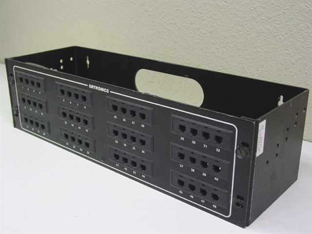 Ortronics OR-809004910 48-port modular patch panel – angled front view showing port face and black metal chassis
