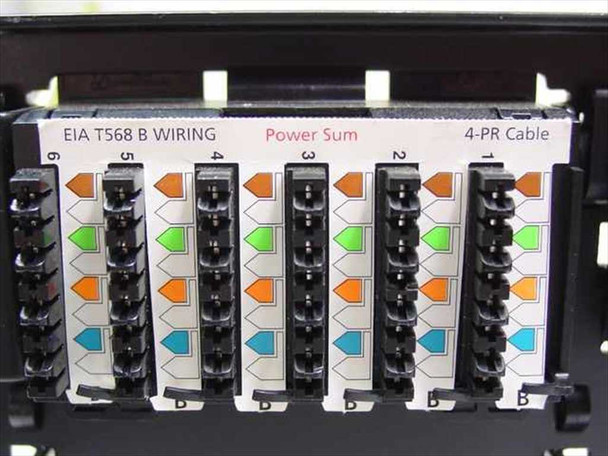 Lucent PatchMax patch panel close-up of IDC block wiring showing EIA T568B color-coded pairs and Power Sum 4-PR Cable labeling