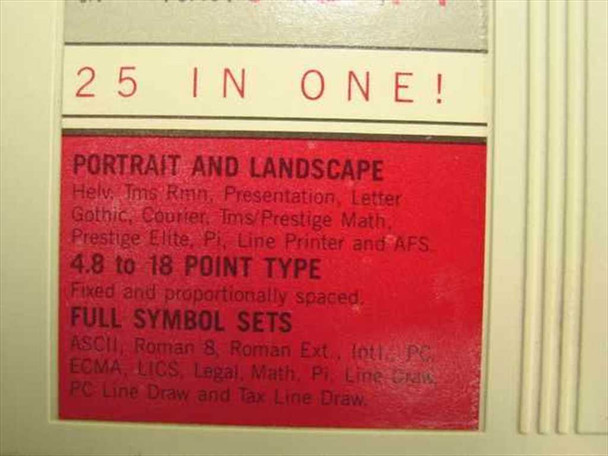 CF120 cartridge label detail showing 25-in-1 font list, portrait and landscape support, 4.8–18pt range, and symbol sets