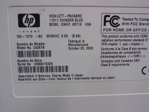 HP LaserJet 8150DN — rear rating label showing model C4267A, serial number USBA015328, 100–127V AC 50/60Hz 9.0A, manufactured October 05 2000