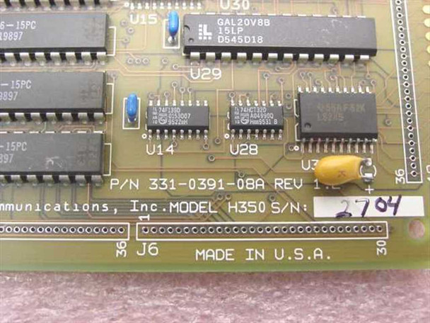 Telephoto Communications H350 PCB label close-up showing P/N 331-0391-08A REV 1, model H350, Made in USA marking and serial number area
