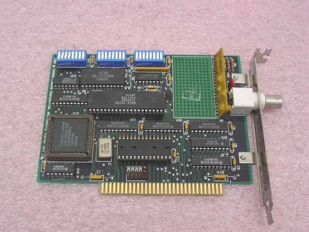 Thomas-Conrad TC6142 ISA NIC – component side showing main controller ICs, memory chips, and BNC coax port on rear bracket