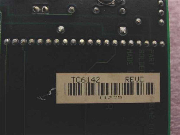 Thomas-Conrad TC6142 Rev C label closeup – barcode sticker showing model TC6142 and revision REVC