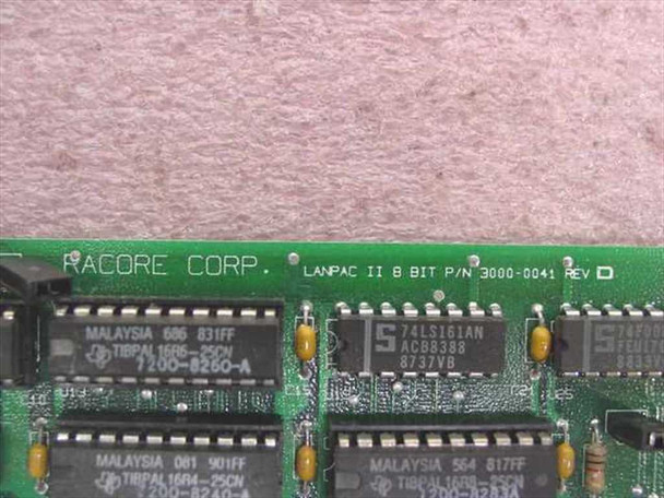 Racore Corp LANPAC II 8-bit P/N 3000-0041 Rev D silkscreen label with 74LS161AN and TIRPAL logic ICs visible