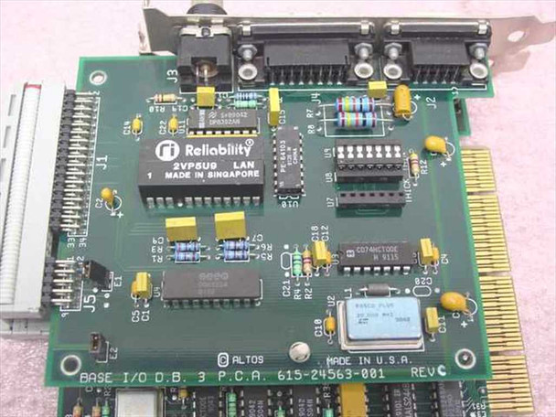 Altos 615-24563-001 Base I/O DB3 expansion card Rev C — detail showing Reliability 2VP5U9 LAN chip, Made in USA marking, and port connectors