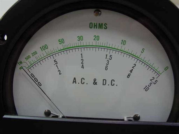 Q.V.S. Inc MOD-450R close-up of ohms scale face showing multi-range arcs from 0 to infinity including 0–5, 0–20, 0–100, 0–500 and A.C. & D.C. label