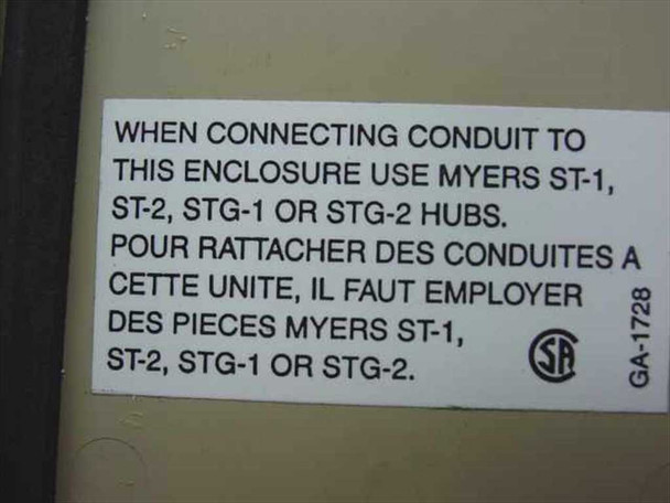 Nelson TA119-012 GZ thermal switch — conduit label showing Myers ST-1 ST-2 STG-1 STG-2 hub requirement in English and French with CSA mark