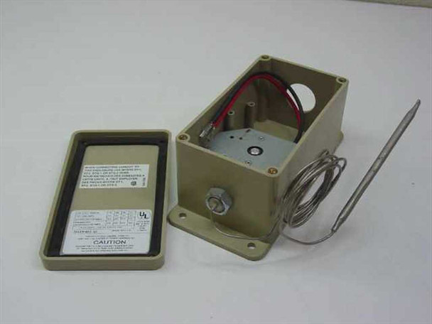 Nelson TA119-012 GZ thermal switch — front view with enclosure lid removed showing internal switch mechanism and wiring leads, bulb and capillary probe extending to the right