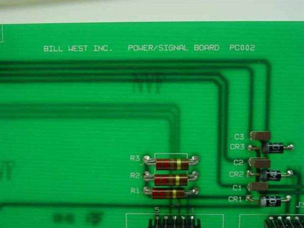 Bill West Inc PC002 Power Signal Board — close-up of PCB silkscreen reading BILL WEST INC POWER/SIGNAL BOARD PC002 with resistors and diodes visible