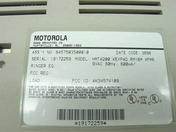 Motorola HMTA200 bottom label showing model HMTA200 Keypad RM16M XFMR, assembly number 6457503500010, serial 19172259, 9VAC 60Hz 600mA, FCC ID AK34574109, date code 3696