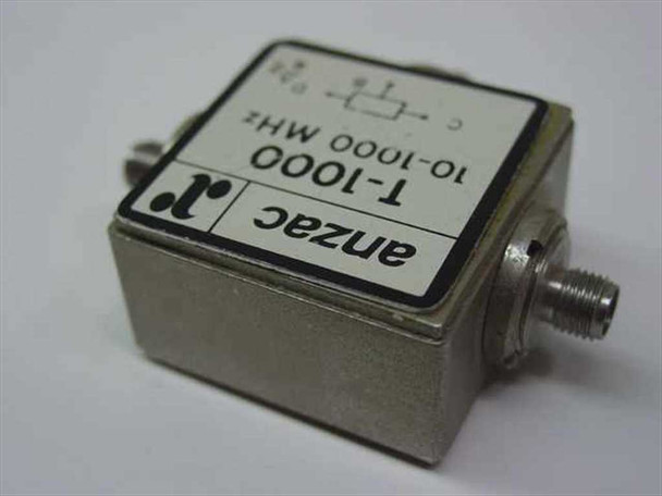 Anzac T-1000 RF Power Splitter Combiner — rear/opposite-side view showing stainless steel housing and label (mirrored), SMA connector visible on right side
