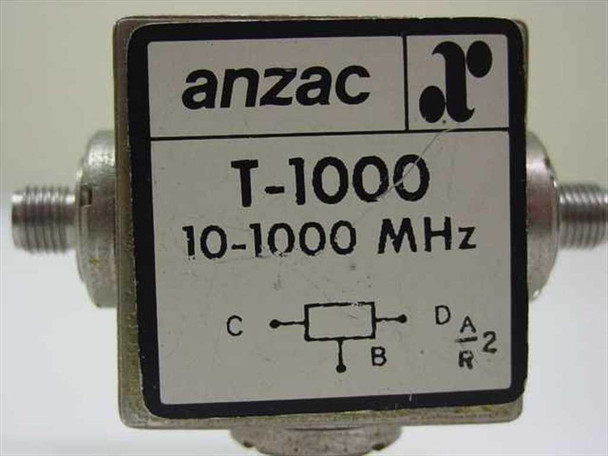 Anzac T-1000 RF Power Splitter Combiner — top label close-up showing Anzac branding, T-1000 model, 10-1000 MHz, and schematic diagram (C-B-D port designations)