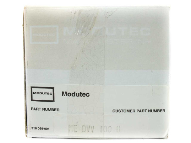 Modutec original panel meter box exterior showing MODUTEC logo, Part Number 916 069-001, and model designation ME DVV 100 U