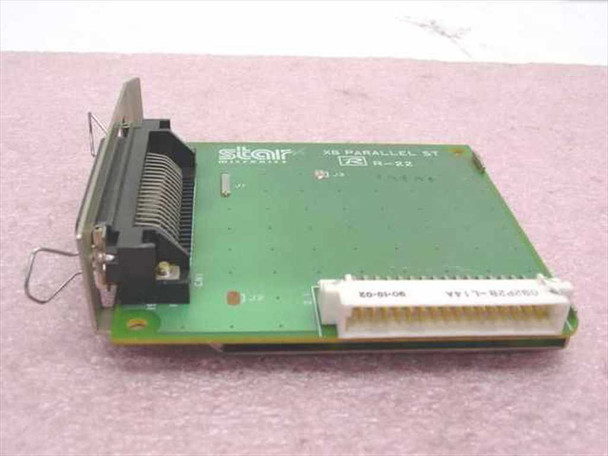 Star Micronics R-22 XB Parallel ST board – angled top view showing PCB silkscreen label, edge connector, and white ribbon connector