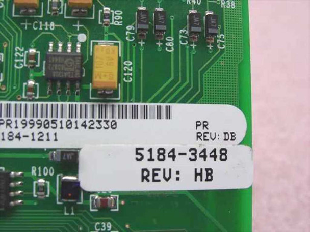 HP 5184-3448 Rev HB label close-up on PCB showing part number, revision HB, and barcode sticker PR19990510142330