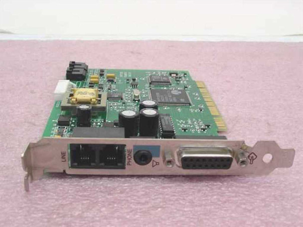HP 5184-3448 Rev GB PCI fax modem card – angled front view showing bracket with RJ-11 LINE and PHONE jacks, 3.5mm audio jack, and DB-25 parallel port