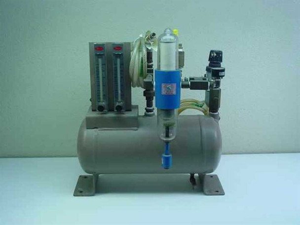 Brunner Engineering 3.8 Gal Air Station Tank front view showing dual Dwyer flow meters on left, central water separator filter, and inlet regulator on right