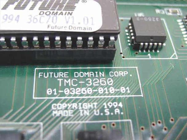 Close-up of Future Domain TMC-3260 board label showing model TMC-3260, part number 01-03260-010-01, copyright 1994, Made in USA, and 36C70 V1.01 chip markings