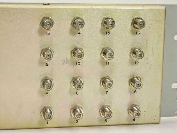 ASM-16A rear panel showing 16 numbered F-type input connectors arranged in a 4x4 grid labeled 1 through 16