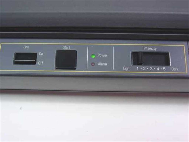 Savin SP2100 front panel showing Line On/Off switch, Start button, Power and Alarm LEDs, and Intensity 1–5 slider