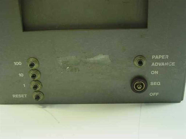 Perkin-Elmer 8x14 printer – front panel detail showing 100/10/1 reset buttons and paper advance ON/SEQ/OFF rotary switch