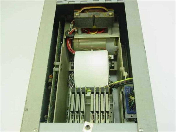 Perkin-Elmer 8x14 printer – interior top-down view showing transformer, print head assembly, paper roll, and circuit boards