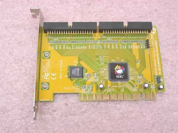 SIIG CN2468 Ultra ATA/66 PCI IDE Controller Card — top view showing two 40-pin IDE connectors, SIIG main controller chip, and secondary IC on yellow PCB