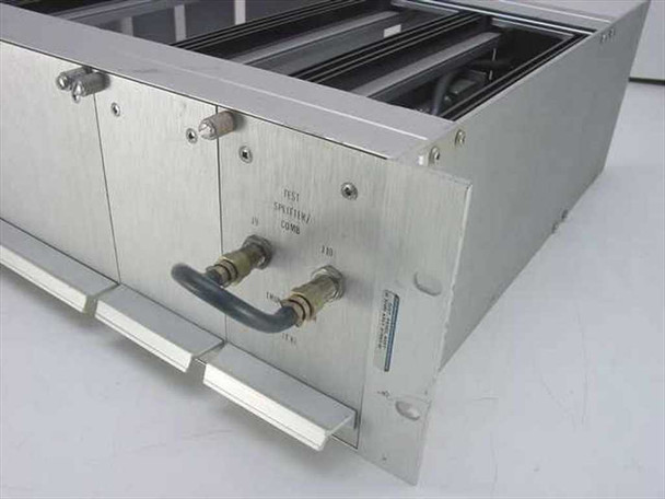 Ford Aerospace 57402 Test Splitter Comb Module — right-side end panel closeup showing module label reading 'Test Splitter Comb' with two visible BNC connectors