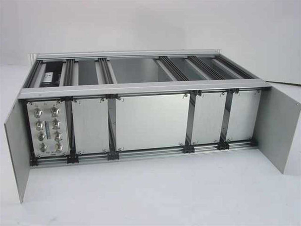 Ford Aerospace 57402 Test Splitter Comb Module — rear view showing multiple empty module card slots and installed BNC connector subpanel with wiring