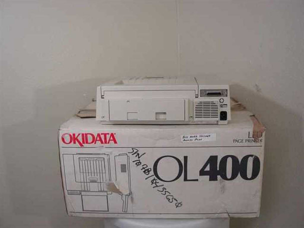 Okidata OL400 LED Page Printer rear view resting on original OL400 branded box