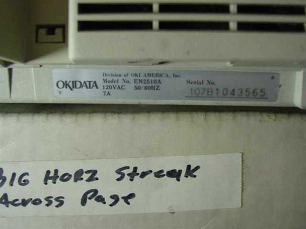 Okidata EN2510A rating plate showing Model EN2510A, 120VAC 50/60Hz 7A, with handwritten note reading Big Horiz Streak Across Page