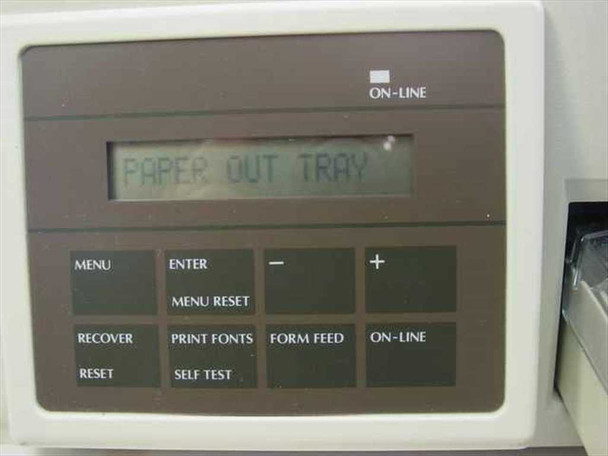 Okidata OL400 front control panel displaying PAPER OUT TRAY with Menu, Enter, Recover, Reset, Print Fonts, Form Feed, and On-Line buttons