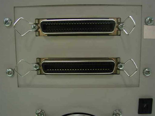 JMR Electronics CD70-001 rear panel close-up showing two 50-pin Centronics SCSI connectors with bail-lock clips