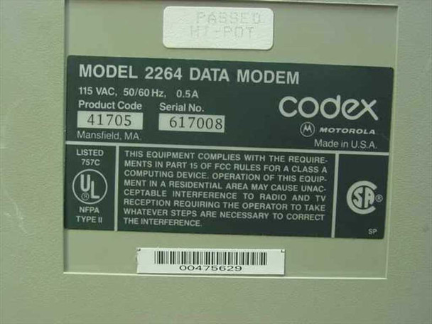 Motorola Codex 2264 Data Modem – bottom label showing model 2264, 115VAC 50/60Hz 0.5A, product code 41705, serial number 617008, Codex Motorola branding, Made in USA, UL and CSA marks, PASSED HI-POT sticker