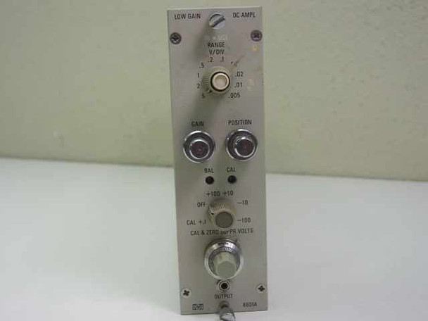 HP 8801A Low Gain DC Amplifier — front panel close-up showing LOW GAIN / DC AMPL label, Range V/DIV dial, Gain and Position knobs, Cal controls, and OUTPUT BNC connector